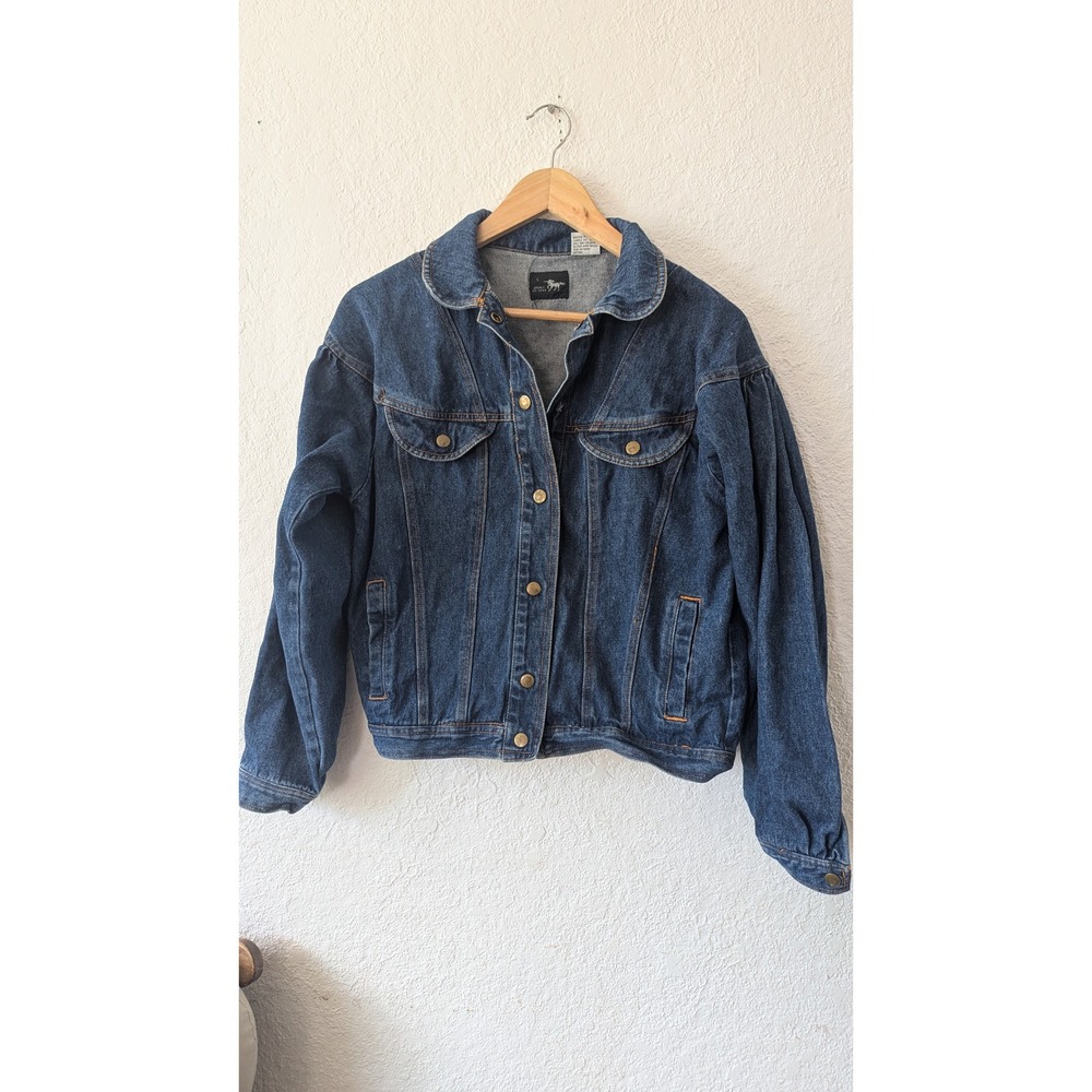 Vintage Silver Unicorn Womens Blue Denim Jacket Puff Shoulder 90s Medium Wash L